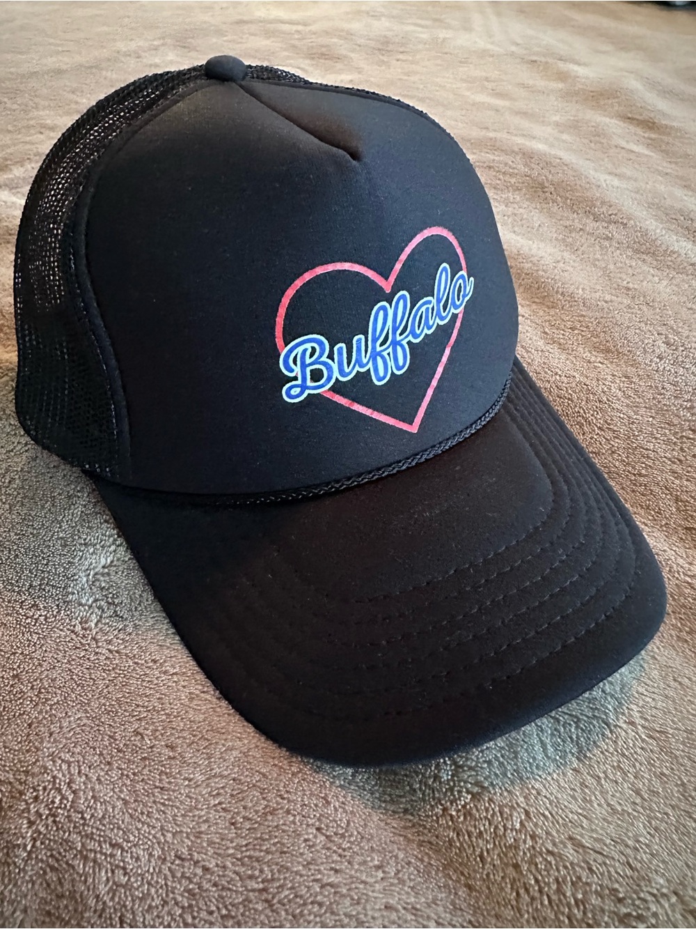OTTO Black Trucker Hat with Pink Heart and Blue "Buffalo" Script